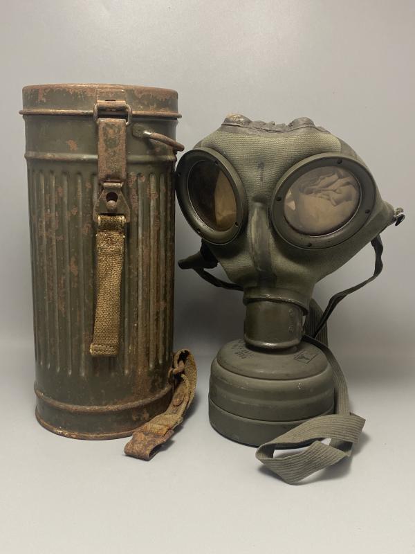 German Army Gas Mask & Tin Gren. Ernst Meret