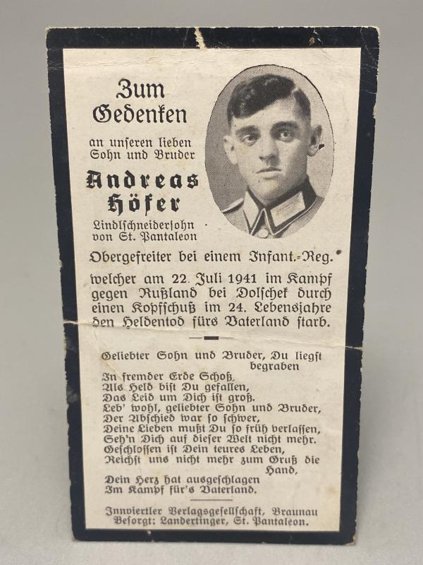 German Army Death Card Andreas Höfer Infantryman Dolschek Soviet Union 1941