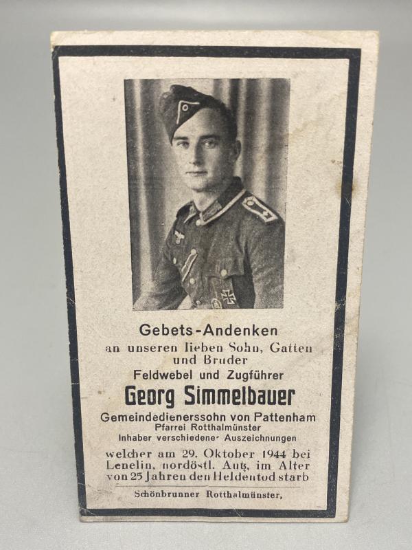 German Army Death Card Georg Simmelbauer Feldwebel Lenelin 1944