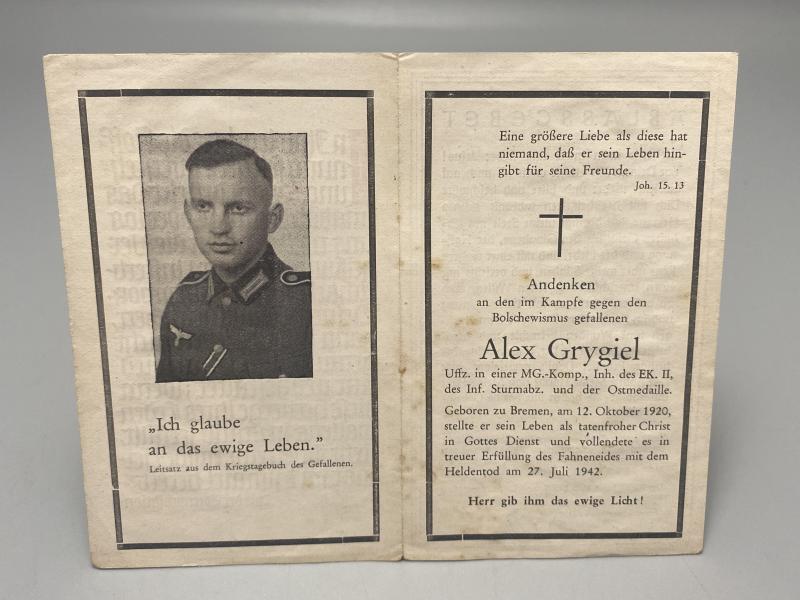 German Army Death Card Alex Grygiel MG Company Eastern Front 1942