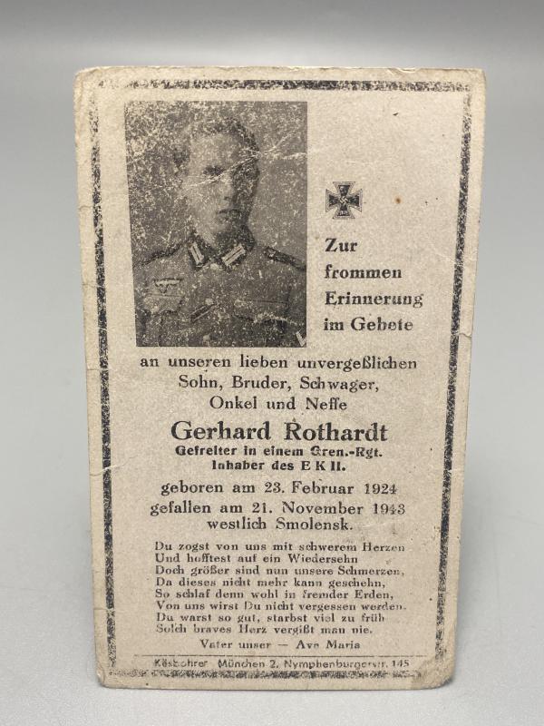 German Army Death Card Gerhard Rothardt Grenadier Smolensk 1943