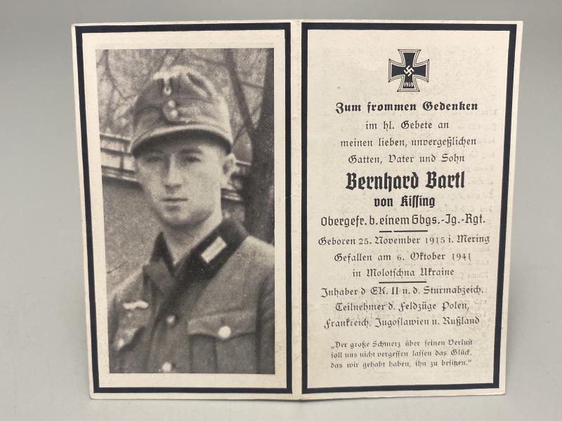 German Army Death Card Bernhard Bartl Gebirgsjager Regiment Molotschna Ukraine 1941
