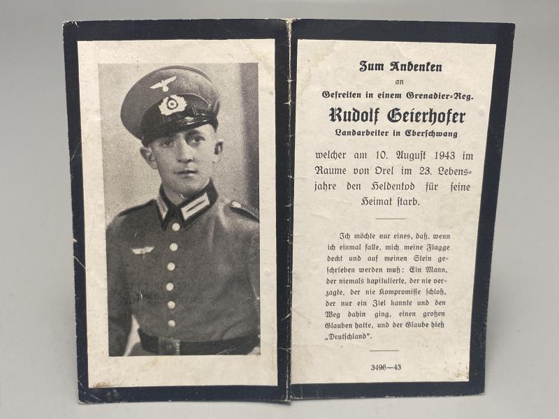 German Army Death Card Rudolf Geierhofer Grenadier Orel 1943