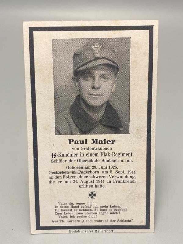 German Waffen SS Death Card Paul Meier SS Kanonier Normandy 1944