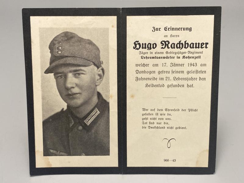 German Army Death Card Hugo Rachbauer Gebirgsjager Don Front Russia 1943