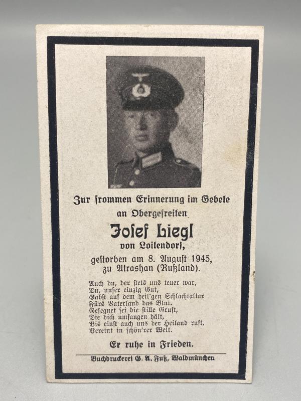 German Army Death Card Josef Biegl Atrashan Russia August 1945
