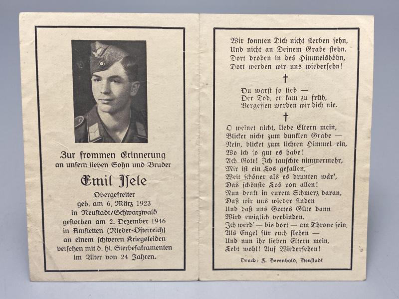 German Airforce Death Card Emil Isele Died of Illness Amstetten Austria December 1946