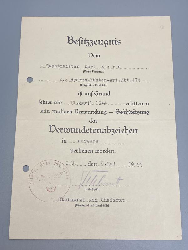 Wound Badge in Black Citation Wachtmeister Kurt Kern 2./Heeres-Küsten-Art.Abt.474