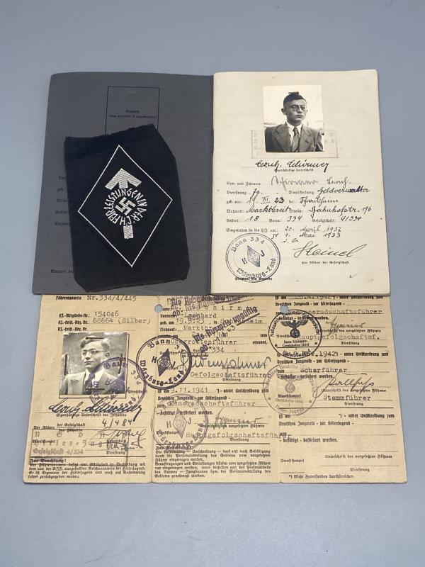 Hitler Youth Leaders Führerausweis, Leistungsbuch & Silver Bevo Leistungsabzeichen Leonhard Schirmer