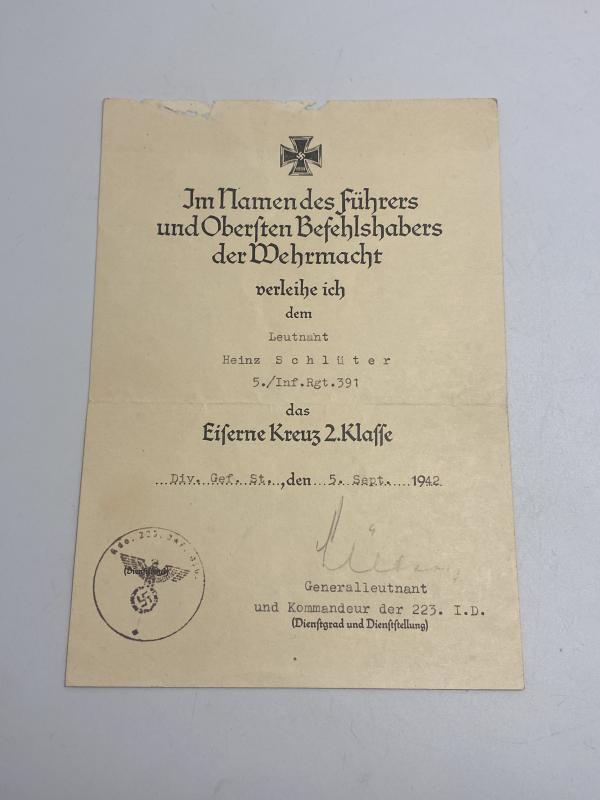 Citation for Iron Cross Second Class Lt. Schlüter Inf Rgt 391