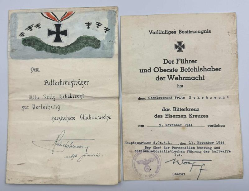 Rare Knights Cross Citation to Oberleutnant Fritz Eckebrecht