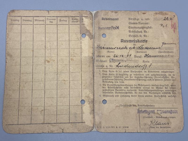 WW2 Polish Workers Card 1942 Nazi Occupation
