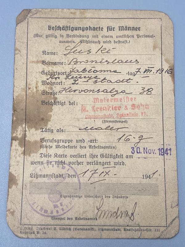 WW2 Polish Jewish Workers Card Litzmannstadt Dated 1941 Nazi Occupation