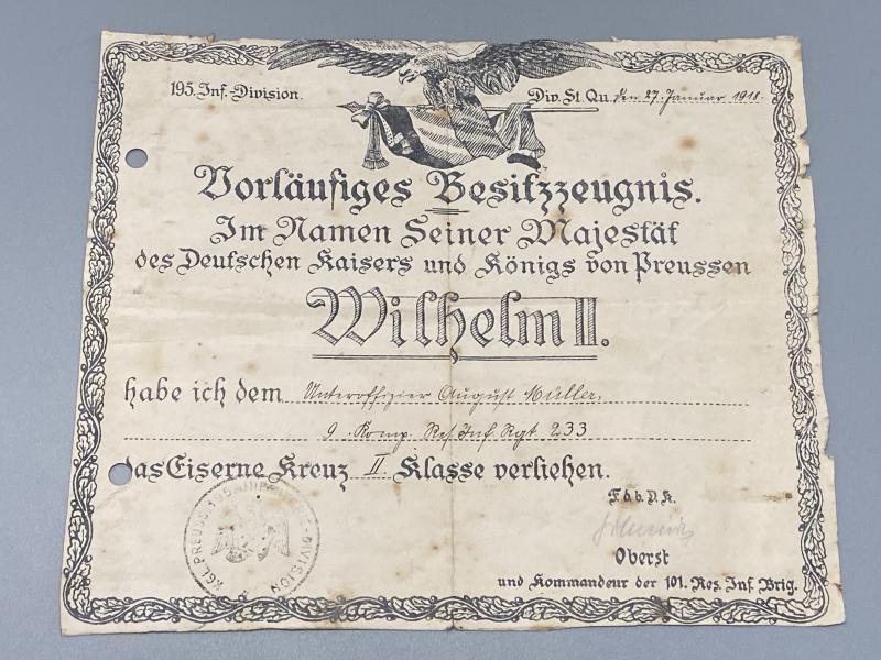 WW1 Iron Cross Second Class Unteroffizier August Müller 9.Komp.Res.Inf.Rgt.233 / 195th Inf Division
