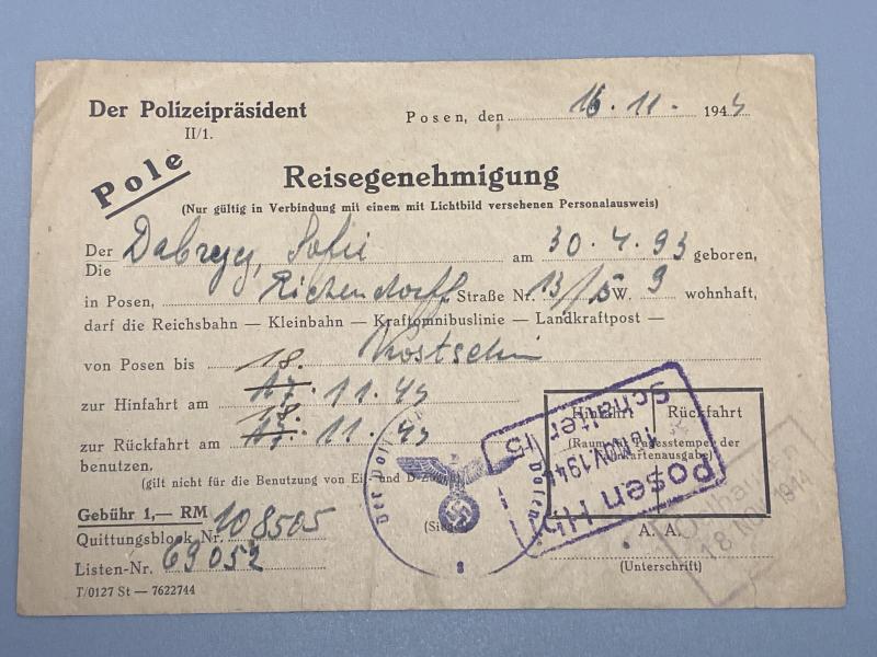 WW2 Polish Travel Pass Issued Under Nazi Occupation