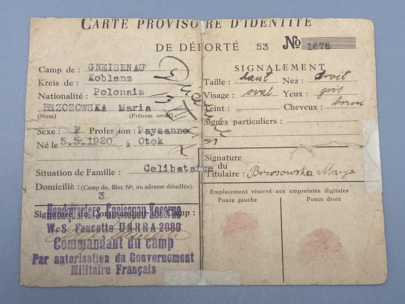 WW2 French Issued Deportation Card of Polish Woman