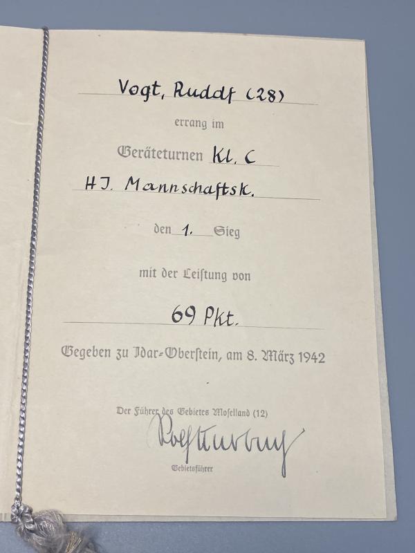 Hitler Youth Gymnastics Tournament Achievement Certificate