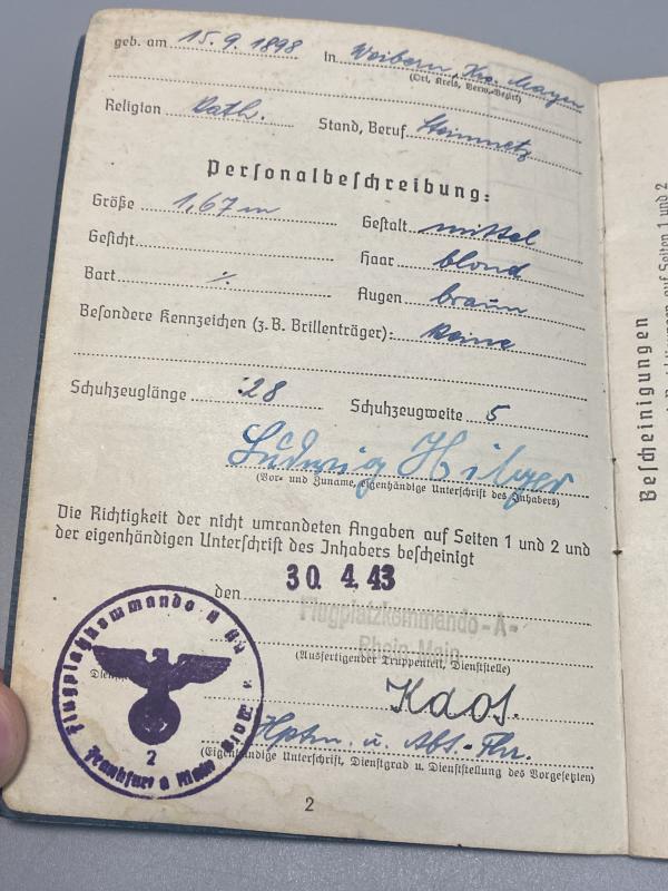 German Luftwaffe Soldbuch Hauptfeldwebel Ludwig Hilger Nachschubkomp.21/XI