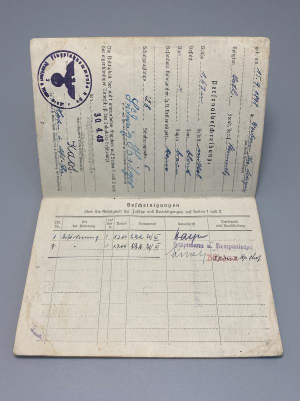 German Luftwaffe Soldbuch Hauptfeldwebel Ludwig Hilger Nachschubkomp.21/XI