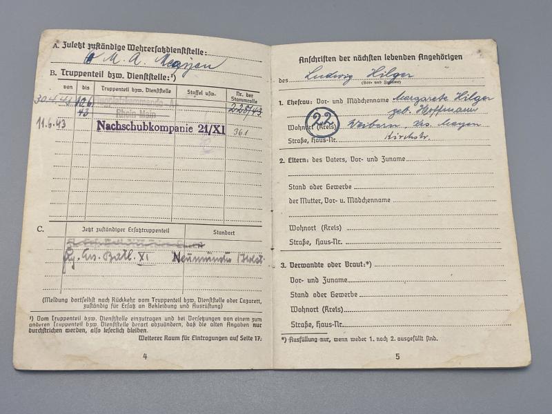 German Luftwaffe Soldbuch Hauptfeldwebel Ludwig Hilger Nachschubkomp.21/XI