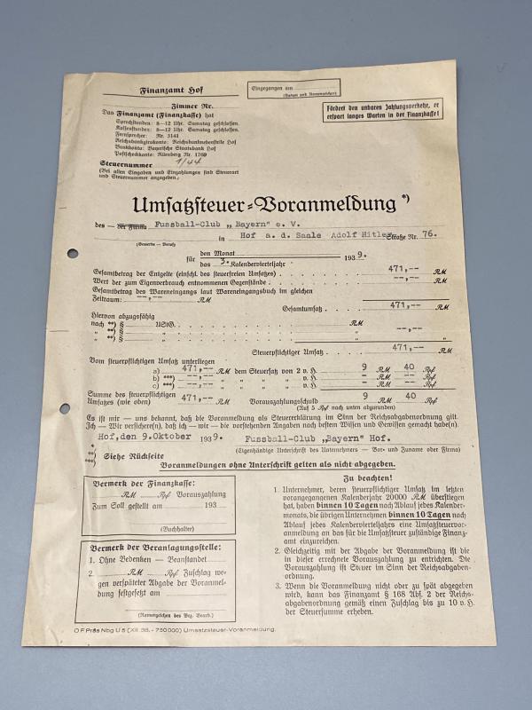 Third Reich Finance Office Quarterly Tax Return Document Fussball-Club Bayern e.V. Dated 1939