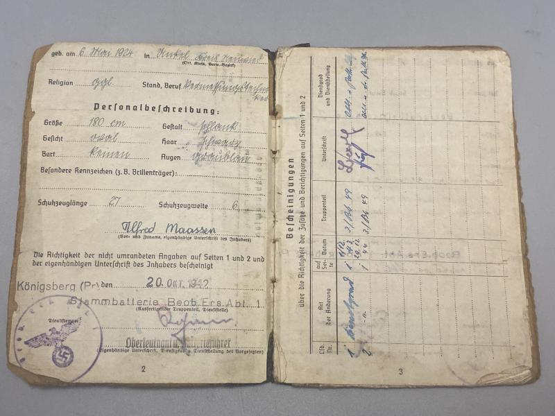 German Army Soldbuch Ob.Gefr Alfred Maassen 3./Bb.49 Artillery