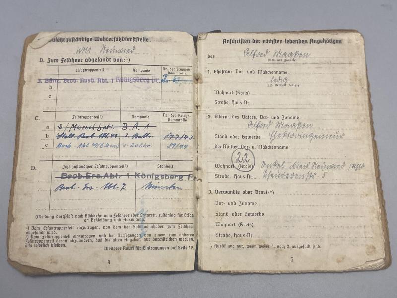 German Army Soldbuch Ob.Gefr Alfred Maassen 3./Bb.49 Artillery