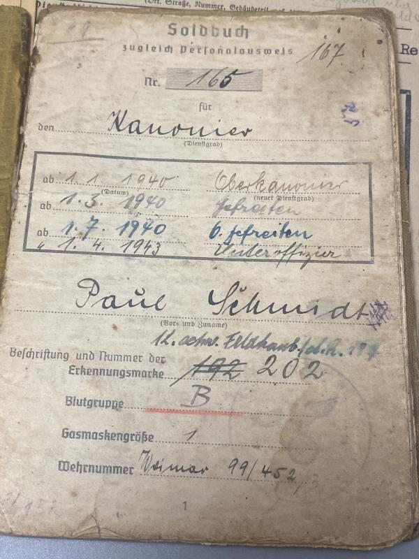 German Army Soldbuch Group Unteroffizier Paul Schmidt A.R.187