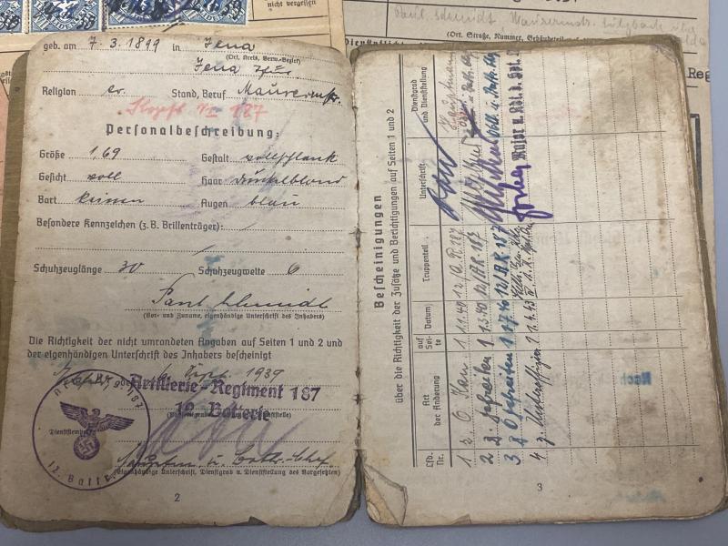 German Army Soldbuch Group Unteroffizier Paul Schmidt A.R.187
