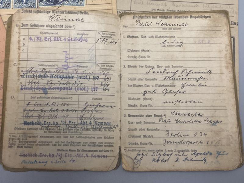 German Army Soldbuch Group Unteroffizier Paul Schmidt A.R.187