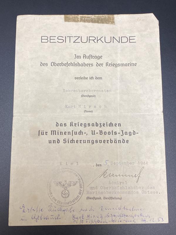 Kriegsmarine Minesweeper Badge Citation Document Schreiberobermaaten Kurt Hirsch