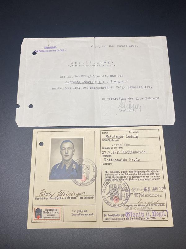 DRK Vorhelfer Members Book & Death Notice Belgium 1940 Ludwig Meisinger