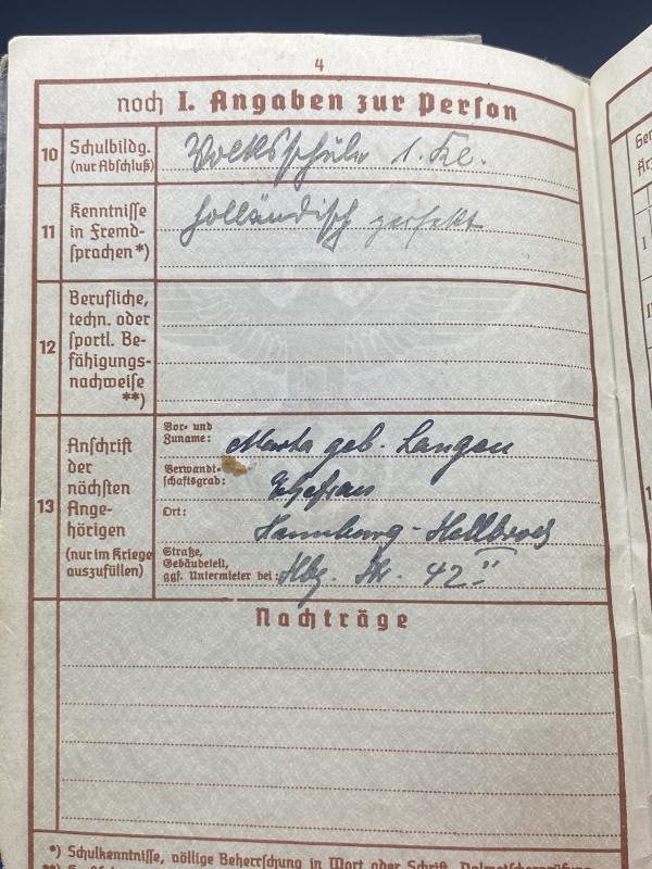 German Army Wehrpass Feldwebel Johannes Hohlrüsch Feld Lazarette Staff