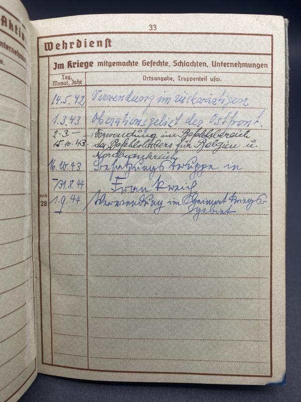 German Army Wehrpass Feldwebel Johannes Hohlrüsch Feld Lazarette Staff