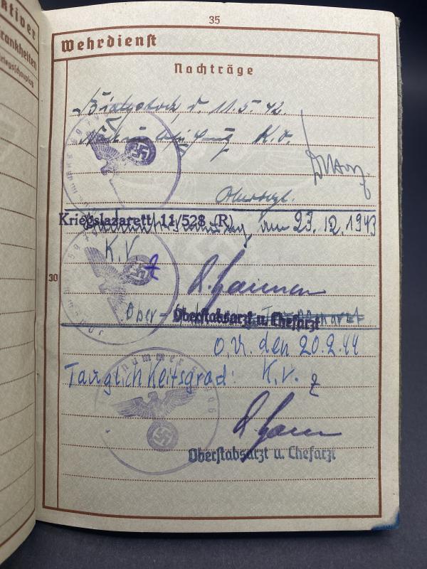 German Army Wehrpass Feldwebel Johannes Hohlrüsch Feld Lazarette Staff