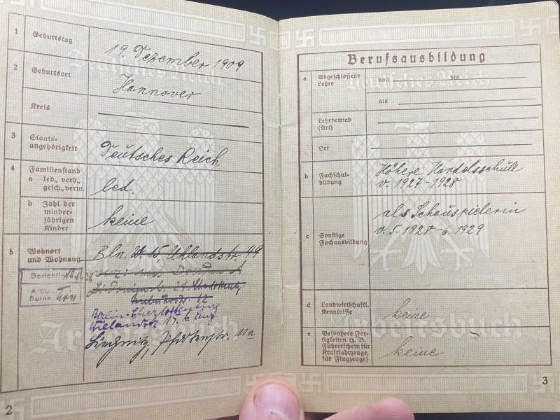Reichskulturkammer Book Actress Thea Seidat Including Arbeitsbuch & Family Pension Book