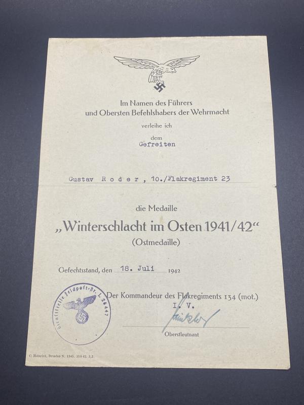 Winterschlacht Im Osten 1941/42 Citation Gefreiten Gustav Roder Luftwaffe Flakregiment 23
