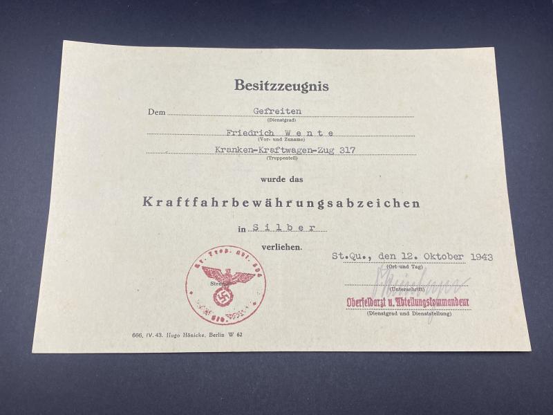 German Army Citation Kraftfahrbewährungsabzeichen in Silver (Drivers Badge) Gefreiten Friedrich Wente