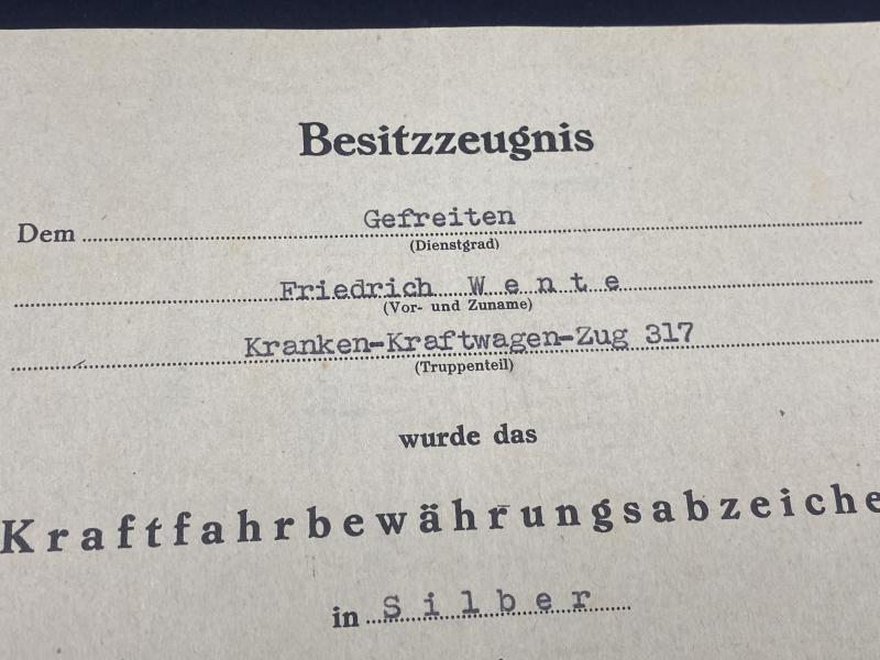 German Army Citation Kraftfahrbewährungsabzeichen in Silver (Drivers Badge) Gefreiten Friedrich Wente