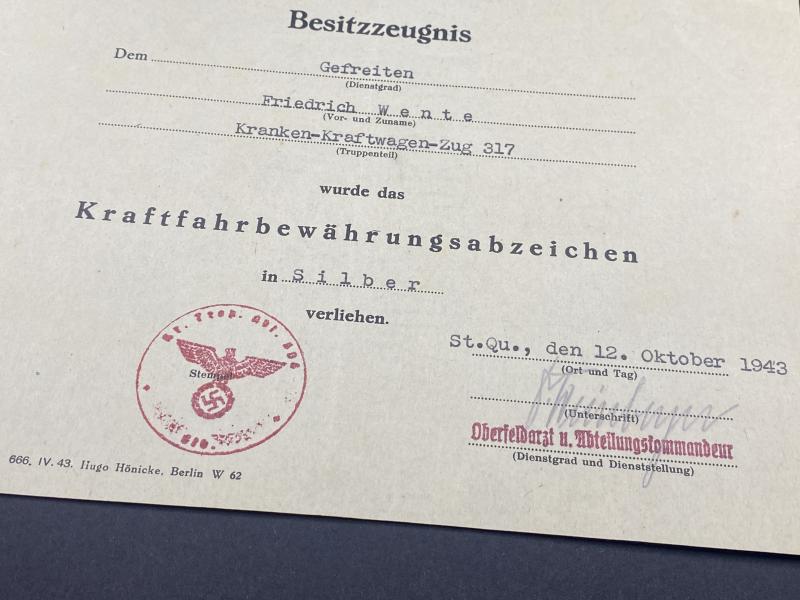 German Army Citation Kraftfahrbewährungsabzeichen in Silver (Drivers Badge) Gefreiten Friedrich Wente