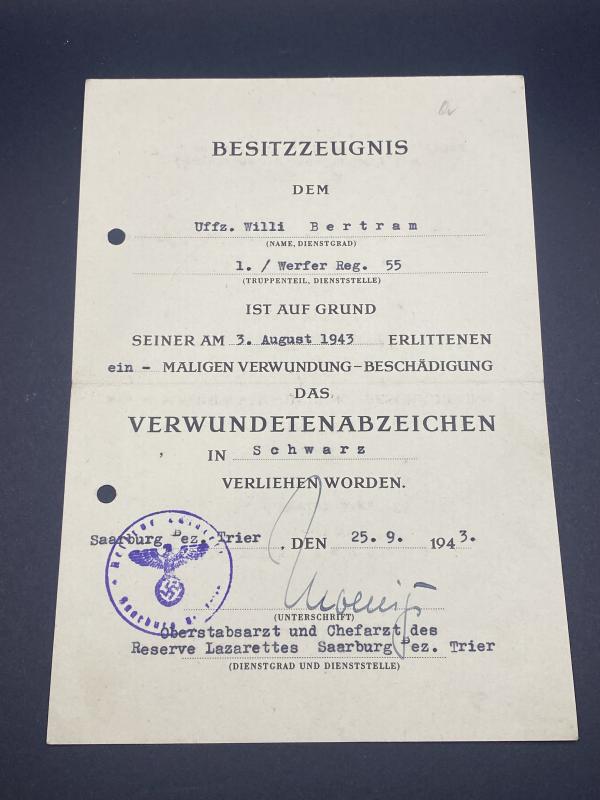 Verwundetenabzeichen in Schwarz Unteroffizier Willi Bertram 1./Werfer Reg.55