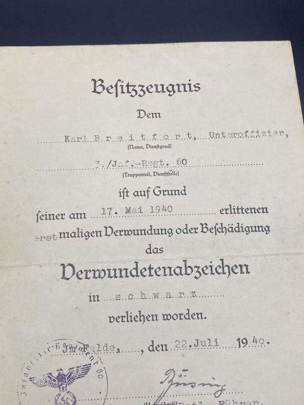 Citation Verwundetenabzeichen In Schwarz Unteroffizier Karl Breitfort Inf.Regt.60