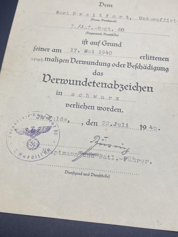 Citation Verwundetenabzeichen In Schwarz Unteroffizier Karl Breitfort Inf.Regt.60