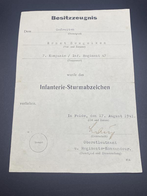 Citation Infanterie-Sturmabzeichen Gefreiten Ernst Seegelken Infantry Regiment 47