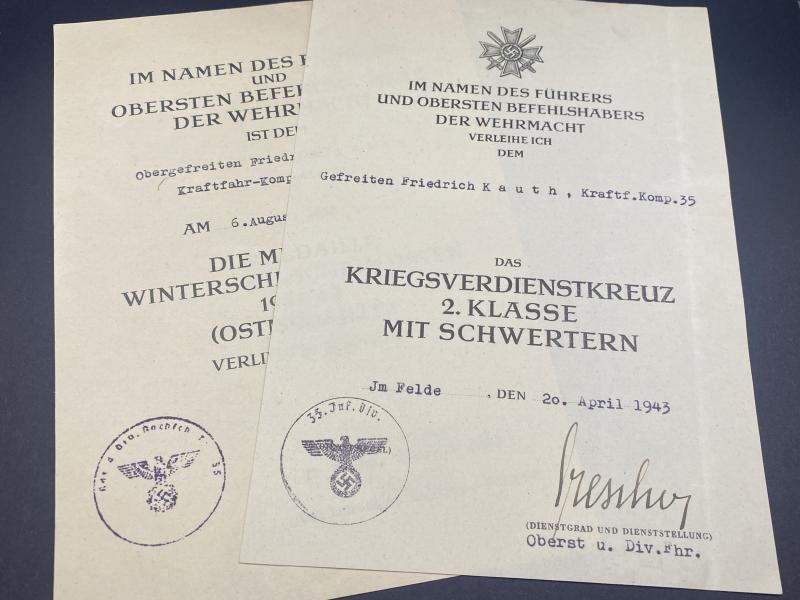 Pair of Citations Gefreiten Friedrich Kauth Kraftfuhrer.Komp.35 35ID KVK2 & Ost Front Medal