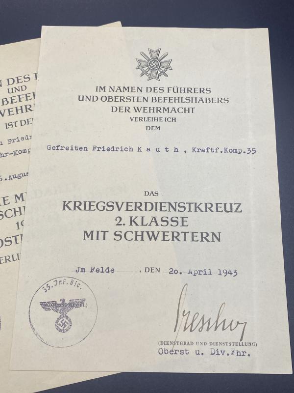 Pair of Citations Gefreiten Friedrich Kauth Kraftfuhrer.Komp.35 35ID KVK2 & Ost Front Medal