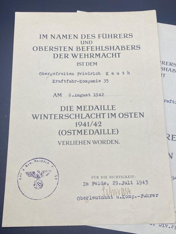 Pair of Citations Gefreiten Friedrich Kauth Kraftfuhrer.Komp.35 35ID KVK2 & Ost Front Medal