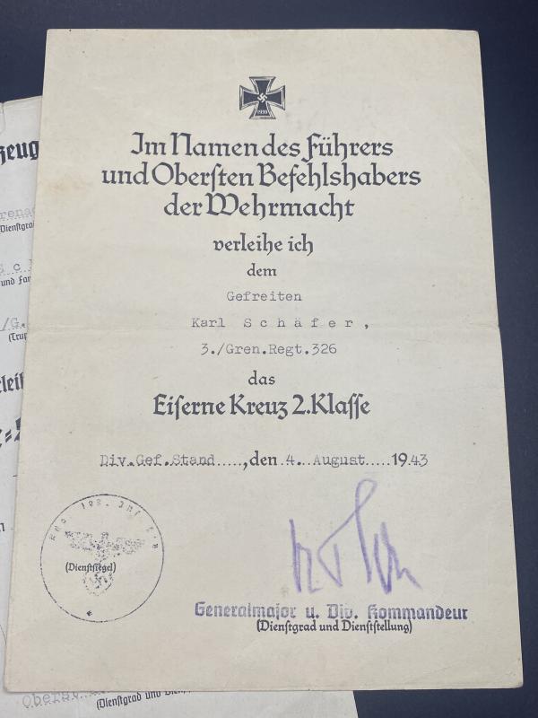 Pair of Citations Gefreiten Karl Schäfer Gren.Regt.326 EK2 & ISA