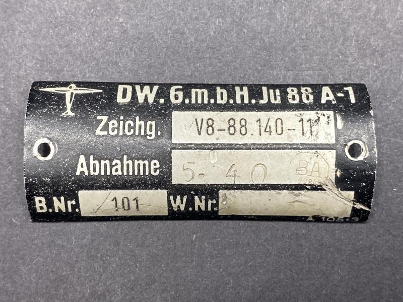Junkers 88 A-1 Aircraft Data Plate