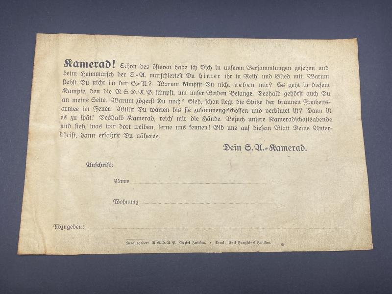 Early NSDAP SA Sign Up Leaflet